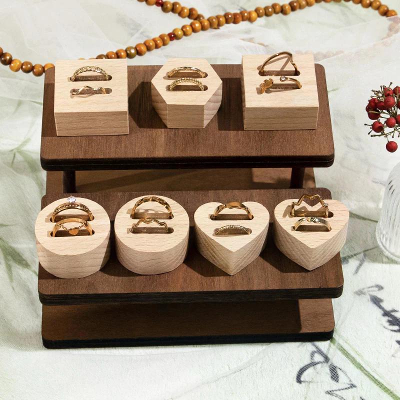 Wood Round/Square/Heart Single/Double Slot Ring Display Rack Organizer Holder Jewelry Display Stand Ring Counter Windows Display