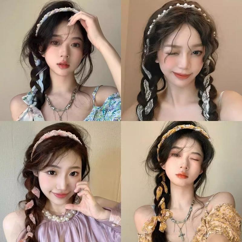 Summer Floral Braided Headband Womens Tied Hair Scarf Floating Headband Headband One System Pearl Tie