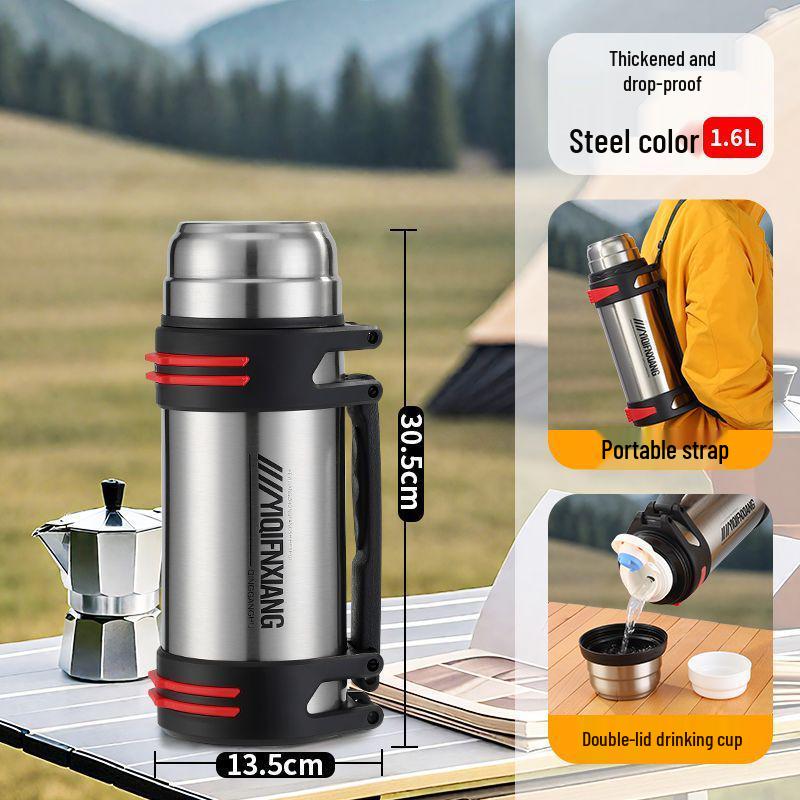 304 Stainless Steel Thermos Flask with Retractable Handle and Bowl - Large Capacity Travel Kettle for Camping