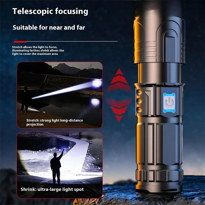 Powerful White Laser Flashlights Telescopic Zoom Tactical Spotlights Rechargeable Outdoor Torch With Tail Light Built-in Battery