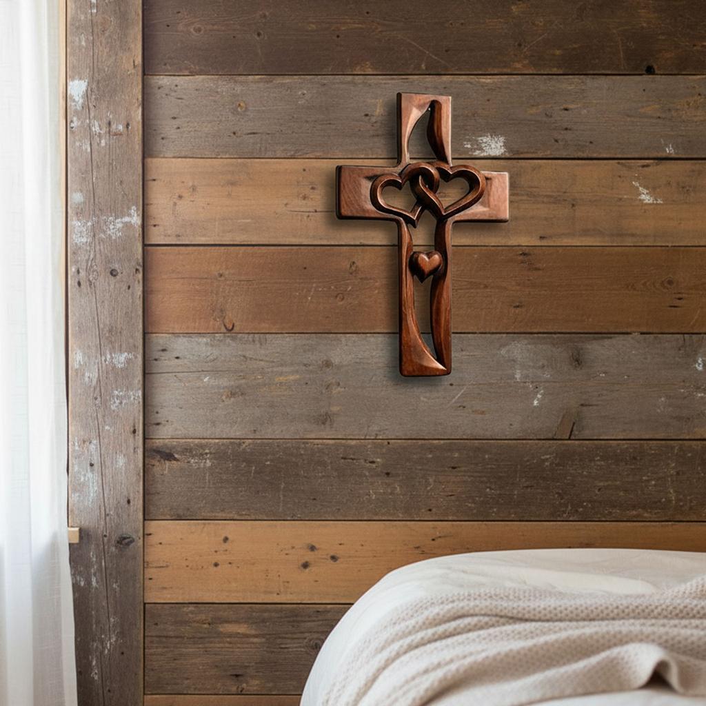 Hand-Carved Intertwined Heart Wooden Cross Handmade Wood Hanging Cross Wall Decor Marriage Cross for Wedding Valentines Day Gift