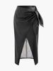 Elegant High-Waisted PU Leather Glossy Slit Skirt with Bow for Women