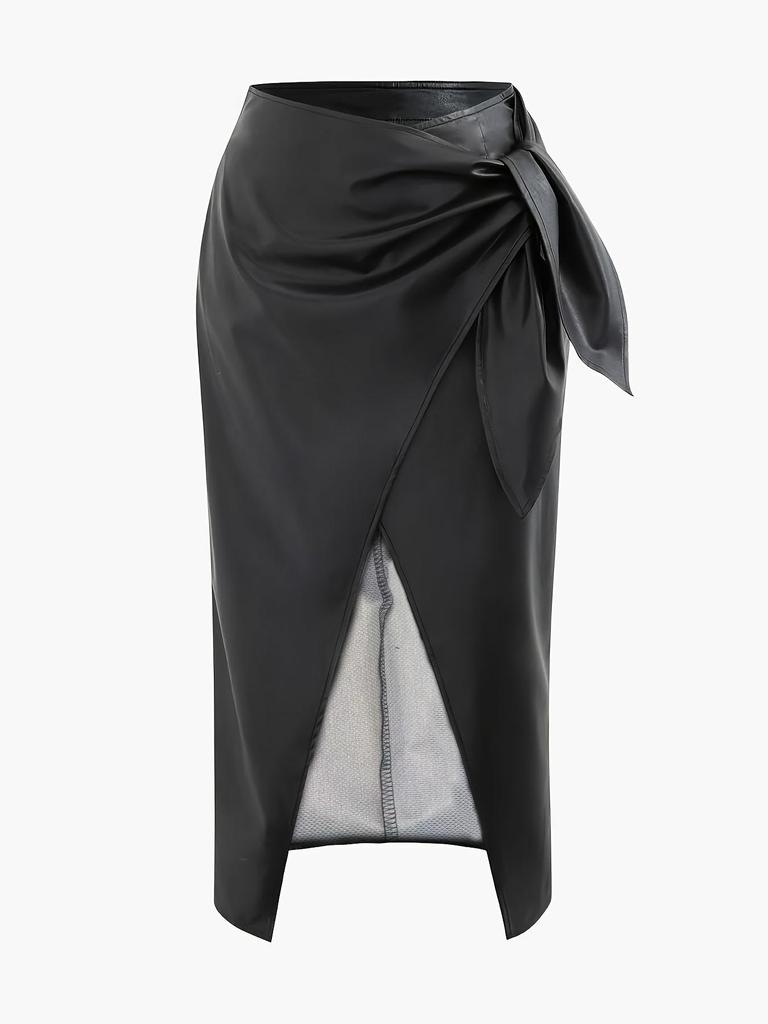 Elegant High-Waisted PU Leather Glossy Slit Skirt with Bow for Women