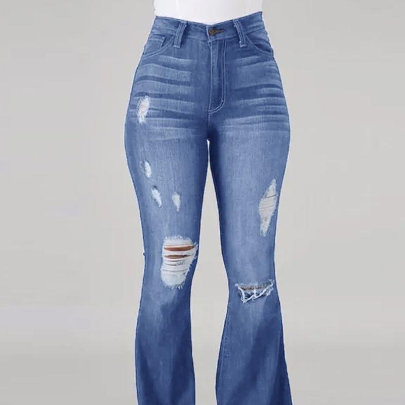 

Женские эластичные рваные джинсы, узкие, с высокой талией, расклешенные, длинные брюки, повседневные модные брюки длиной до пола, офисные женские брюки 2XL светло-синий