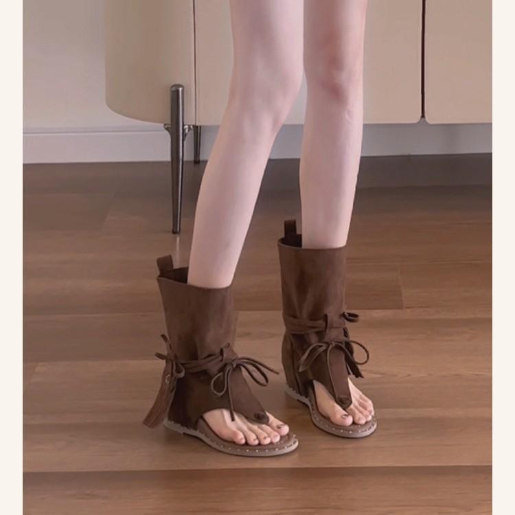 Vintage Round Head Versatile Fringed Heel Open-toed Cool Boots Niche Western Boots Strap Herringbone Toe Roman Sandals Women