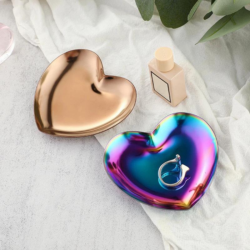 Ins Stainless Steel Water Heart Shape Cosmetics Storage Table Jewelry Tray Multi-Functional Home Dining Tray Containers