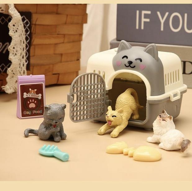 Mini-Tierkatze-Hund-Figur Spielset, Rollenspiel-Tierpflege-Spielzeugset mit Käfig-Futterzubehör für Kinder