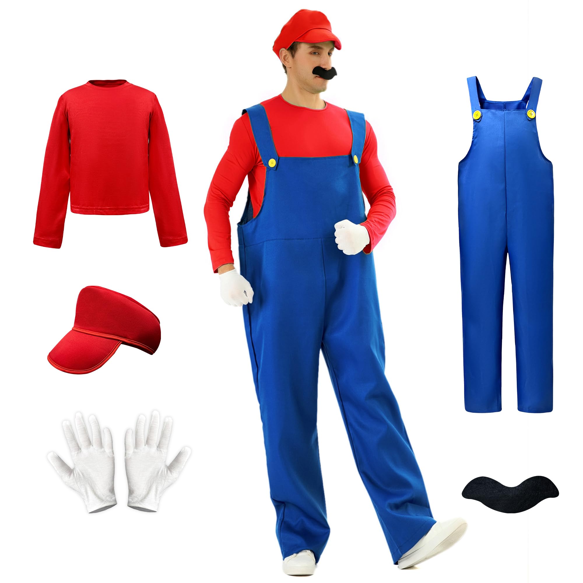 

CHALAN Halloween Cosplay Costume for Adults and Perfect for School and as a Size M (5-Piece Set Overalls, T-Shirt, Hat, Gloves, Beard) - Cosplay,