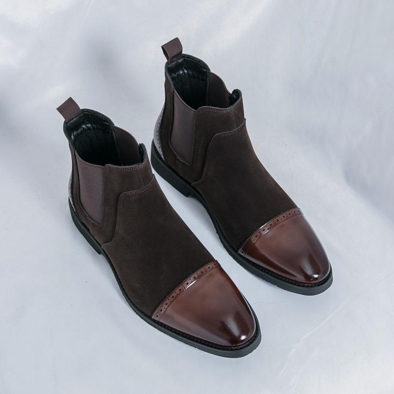 Fashion Winter New Men's Pointed Mixed Patchwork Slip On Ankle Boots British Designer Botas Trend Casual High-tops Shoes Zapatos Hombre