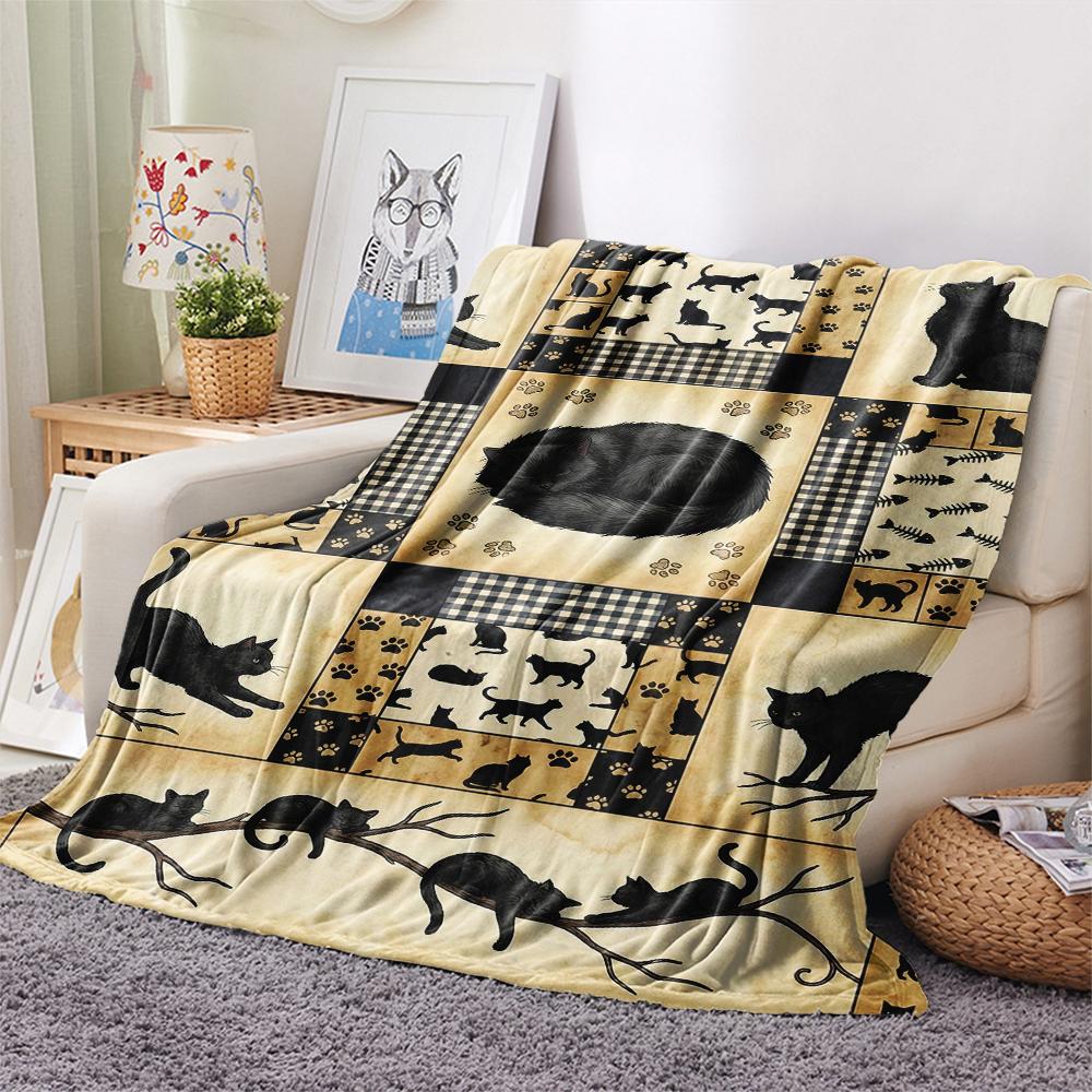 1Pc Patchwork Cat Print Flannel Blanket, High quality Comfortable for All Seasons, Home Decor, Warmth and Comfort, Perfect for Christmas Gifts63