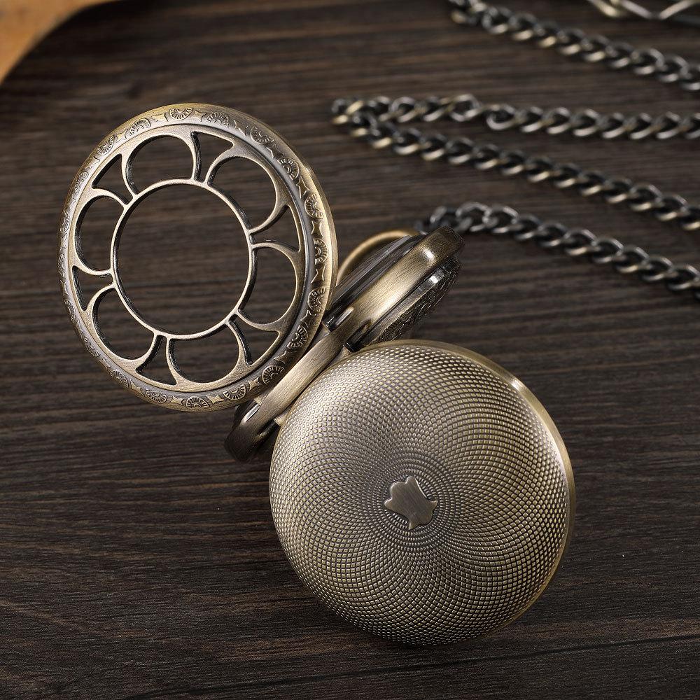 Modny nowy styl z klapką, wydrążone płatki, podwójny automatyczny mechaniczny zegarek kieszonkowy, gruby łańcuszek