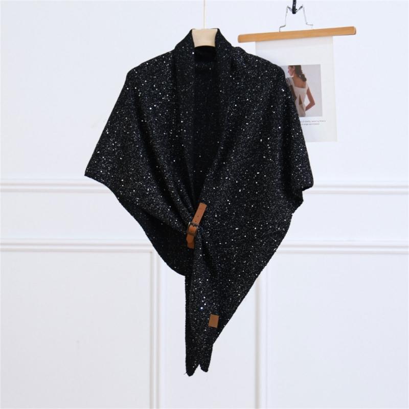 Solid Color Wool Blend Triangular Stole With Leather Clasp Warm Soft Scarf Wrap For Women Lady Winter Autumn Accessory