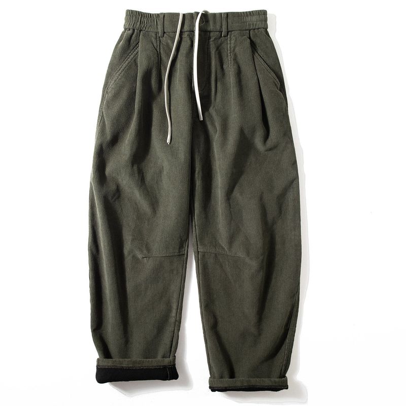 Corduroy Pants for Men, Winter Fleece-Lined, Thickened, American Retro Casual Long Pants, Loose Straight Wide-Leg Corduroy Pants, Trendy Army Green L