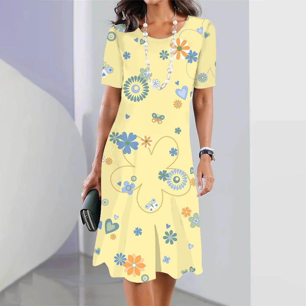 Damen Sommerkleid Kurzarm Blau Floral 3D-Druck Rundhalsausschnitt Mode Partykleid