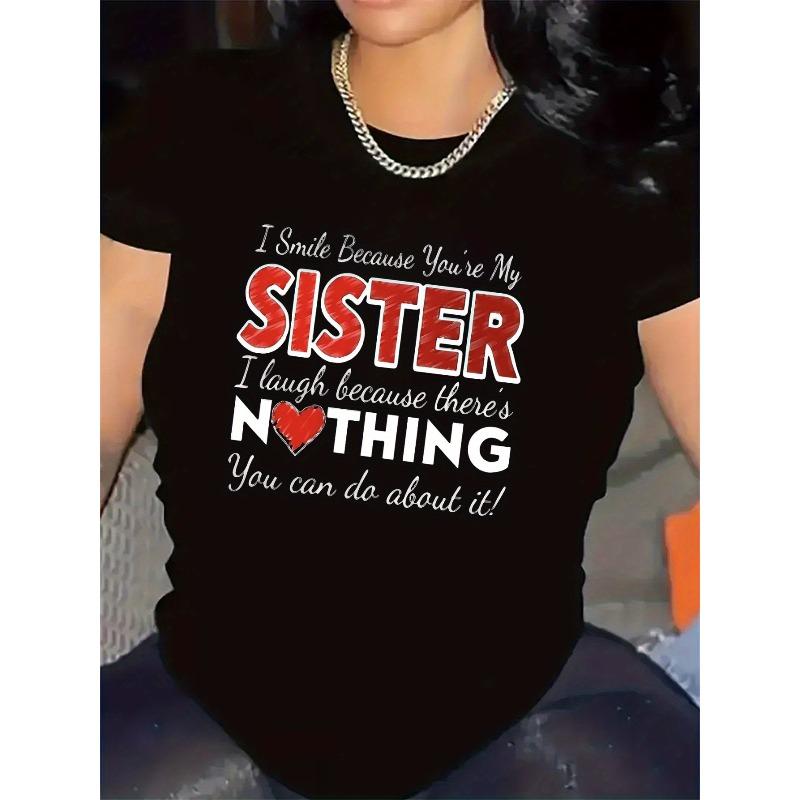 

European Size Sister-Themed Sisterhood Graphic T-Shirt - Breathable Polyester Short Sleeve Round Neck Casual Top, Black & White Sister Print 4XL