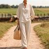 2026 European and American Cross-border Spring and Summer Casual Button-up Shirt and Wide-leg Pants Linen Two-piece Set Women's Linen Two-piece Set