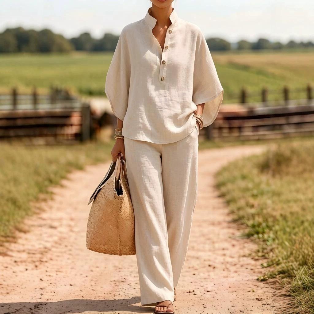 2026 European and American cross-border spring and summer casual button-up shirt and wide-leg pants linen two-piece set women s linen two-piece set S абрикосовый