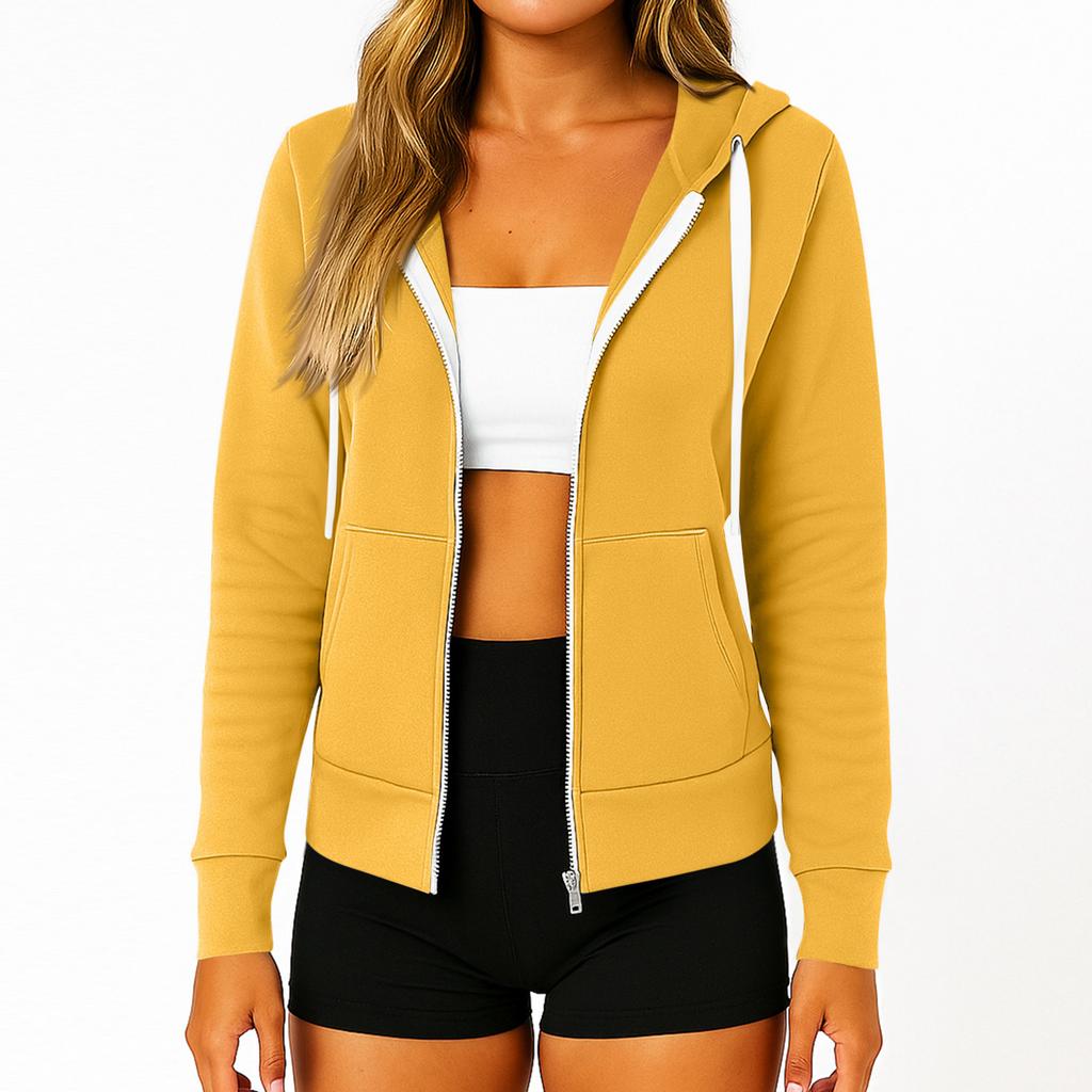 Women's Fashionable Solid Color Long Sleeved Hooded Pocket Zipper Casual Sweatshirt Jacket