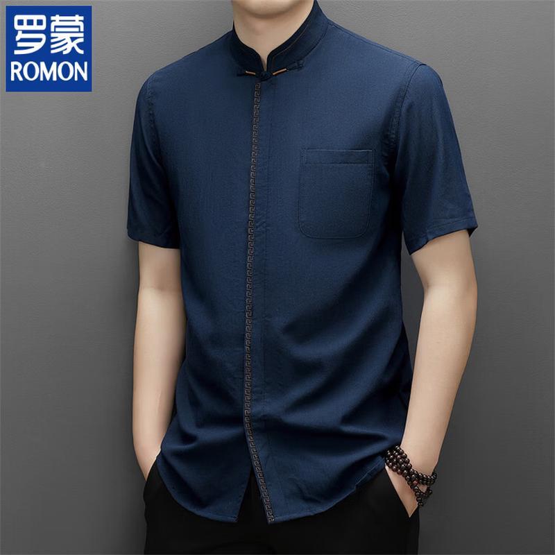 ROMON Men's Chinese Style Stand-Collar Short-Sleeve Shirt