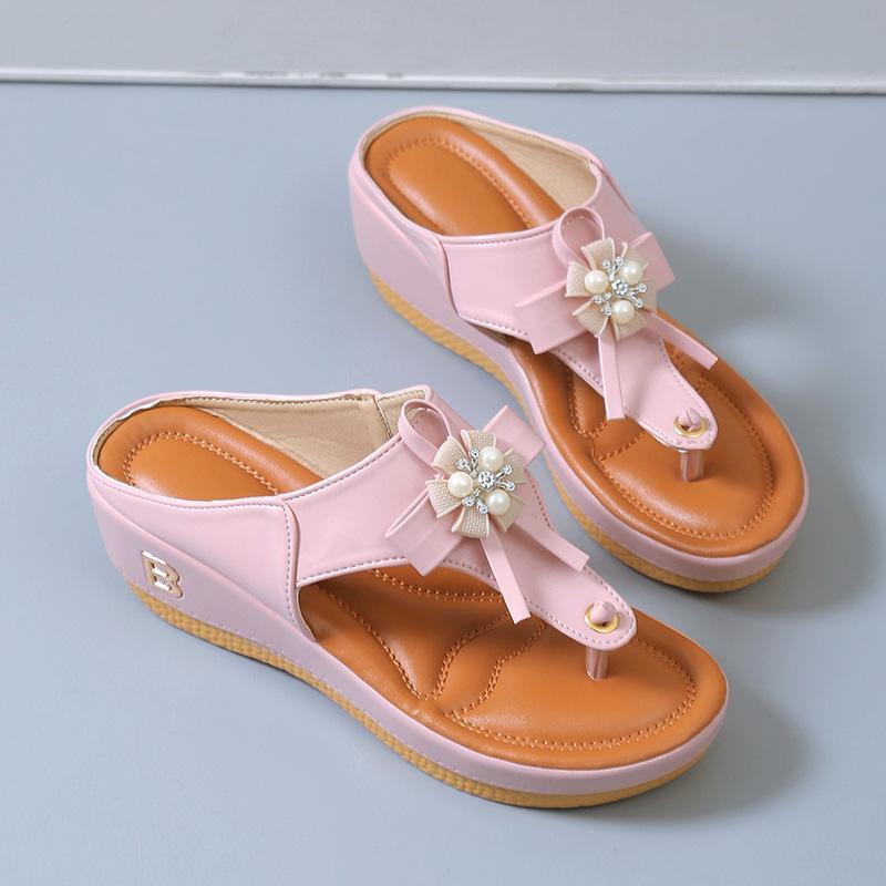Women's shoes summer new beach toe flower platform flip-flops slope heel cool slippers large size