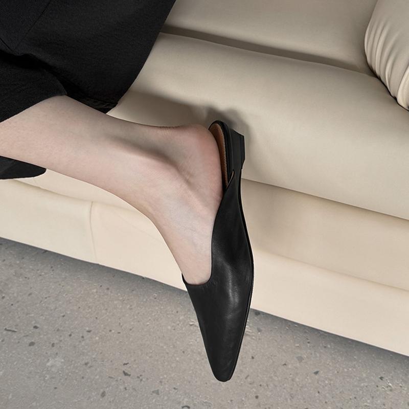 Fashion NEW Summer Women Mules Genuine Leather Shoes for Women Pointed Toe Low Heel Slippers Concise Cover Toe Slingback Black Sandals