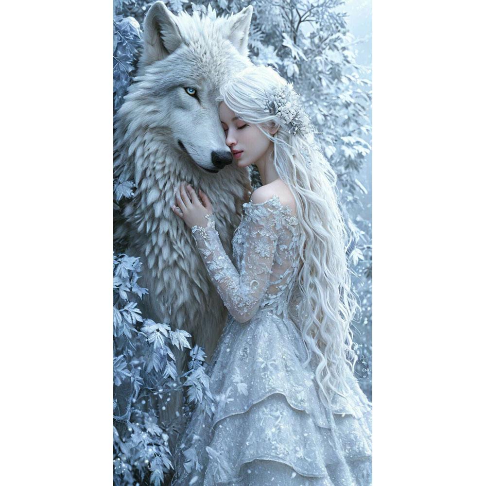 Большой размер Мозаика Сделай сам Полные наборы для рисования бриллиантами Искусство Фэнтези Девушка Лев и Волк Вышивка Крестиком Стразы round 30x60cm белый