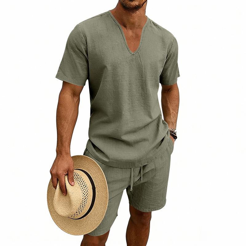 Men's Linen V-Neck Short Sleeve T-Shirt and Shorts Set - Solid Color Beach Casual Wear