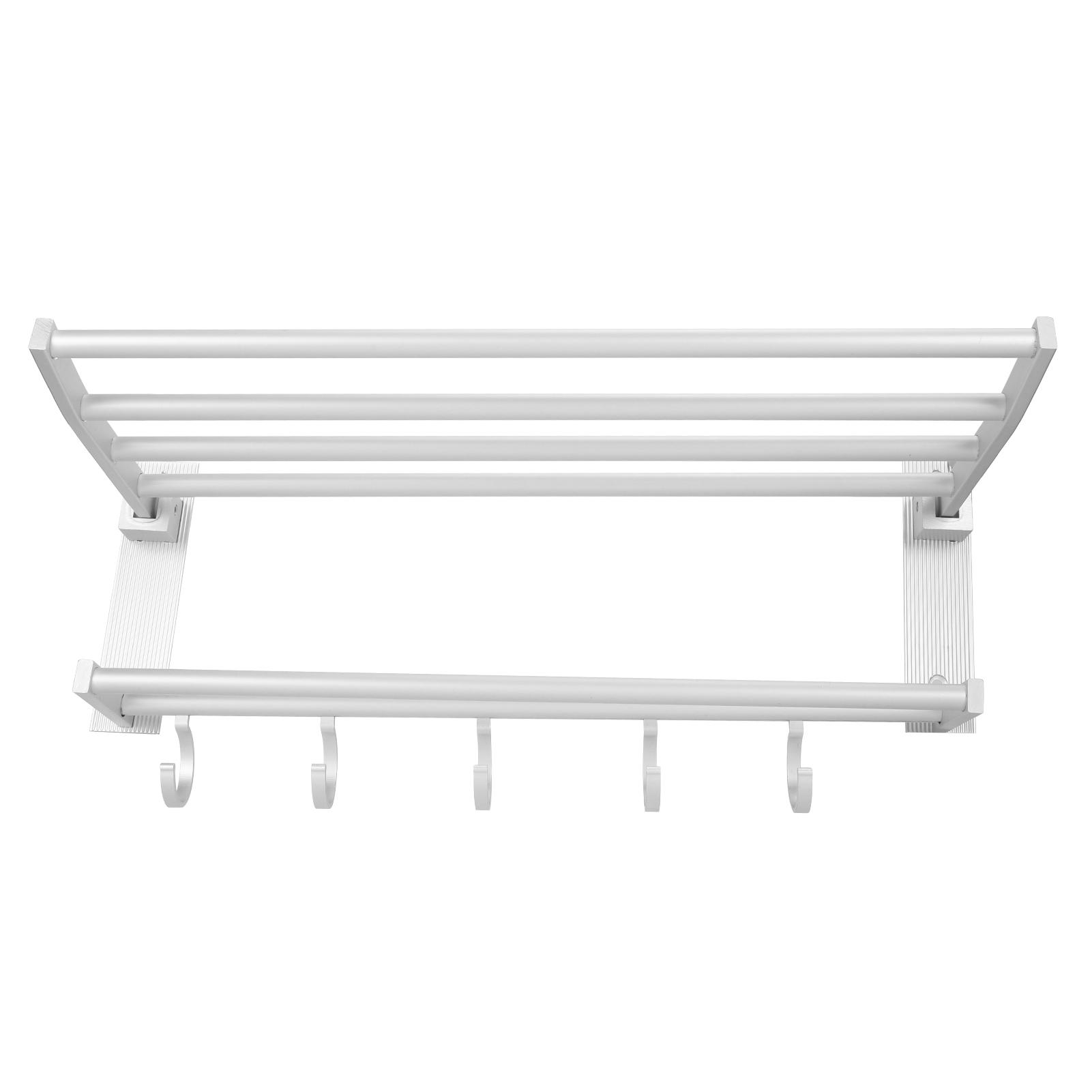 

40cm Shower Shelf Foldable Aluminum Bathroom Towel Coat Rack with 5 Hooks Silver
