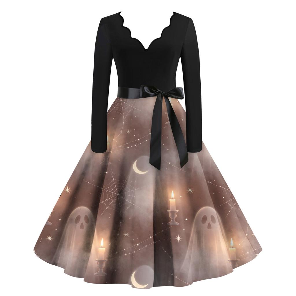 Women's Halloween Printed Long Maxi Dress for Costume Party