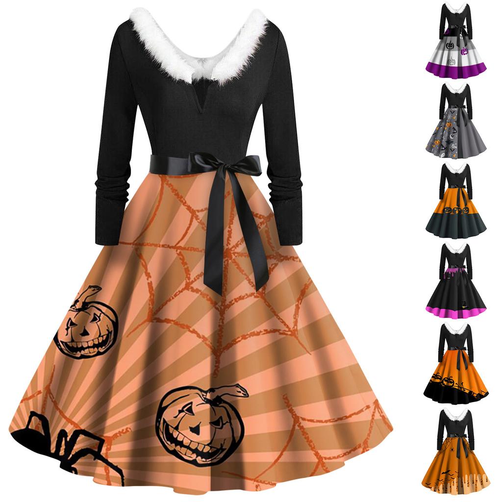 Women's Casual Fashion V-Neck Hairy Halloween Printed Long Sleeve Dresses