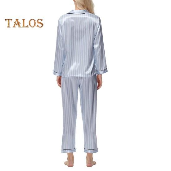 2-teiliges Pyjama-Set aus Seidensatin für Damen, Revers, Button-Down-Oberteil und Hose, gestreift, lockeres Schlafshirt und Hose mit elastischer Taille, Loungewear-Outfit