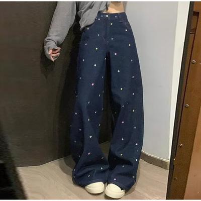 Hohe Taille Loose Fit Casual Damen Jeans mit Blumenmuster 2025 Frühling Herbst Neue gerade Bein lange Hosen Trendy Denim Hosen