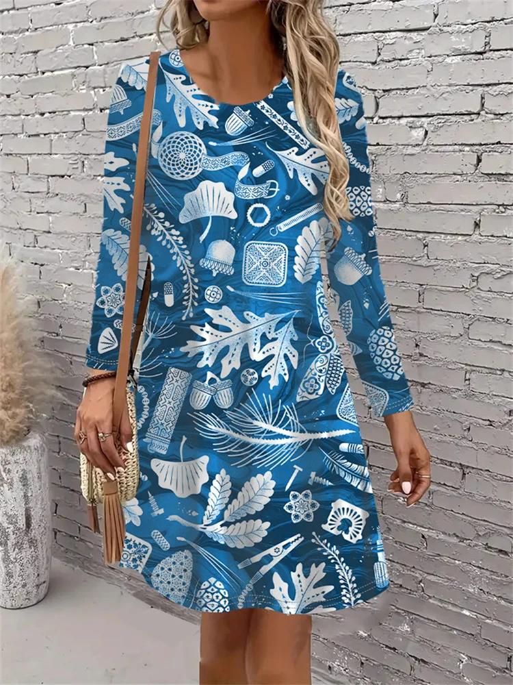 New Year Party Women Dress Christmas Robe Casual Long Sleeve O-Neck Loose A-Line Dress