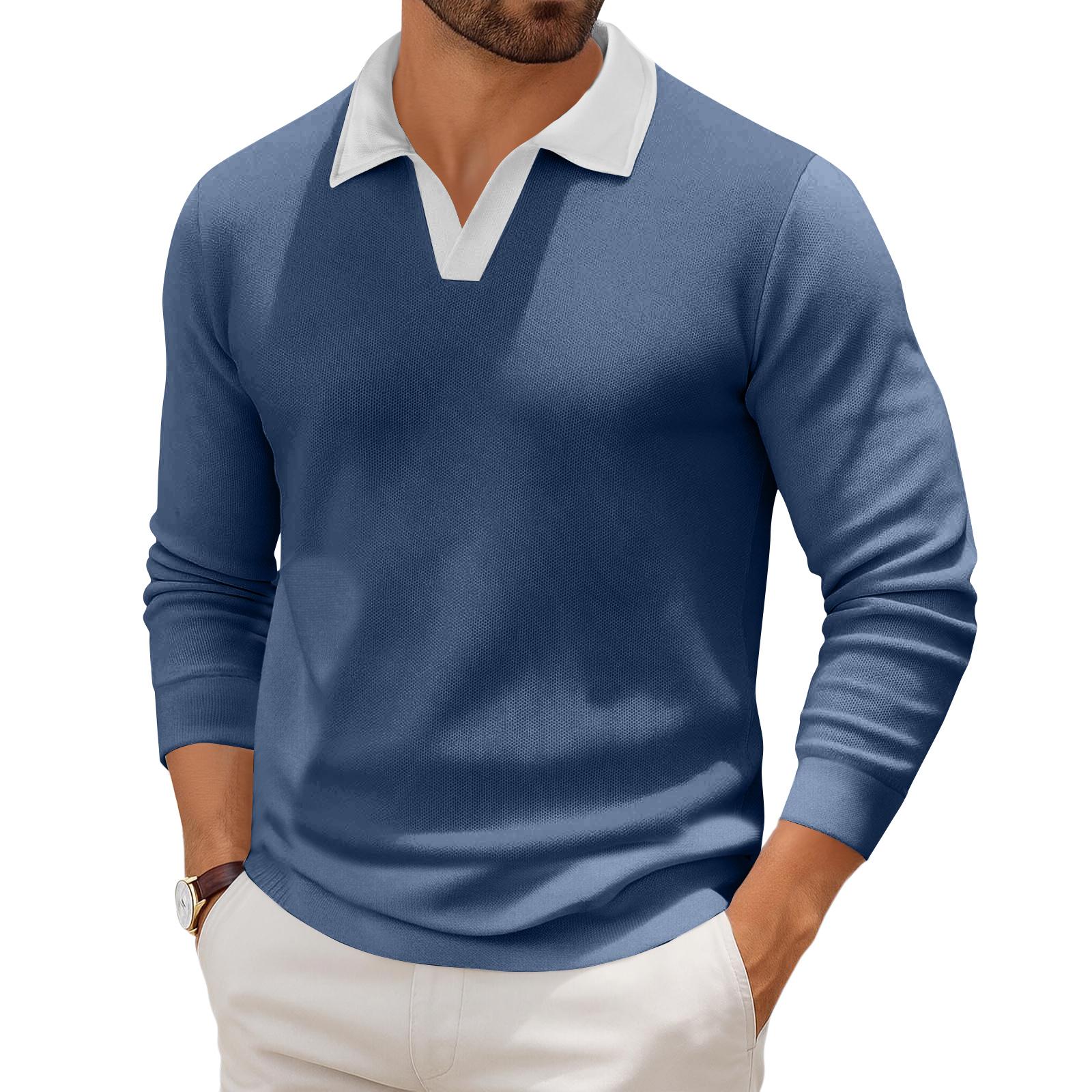 

Мужской повседневный трикотажный базовый топ с длинным рукавом и воротником в стиле колор-блок S тёмно-синий