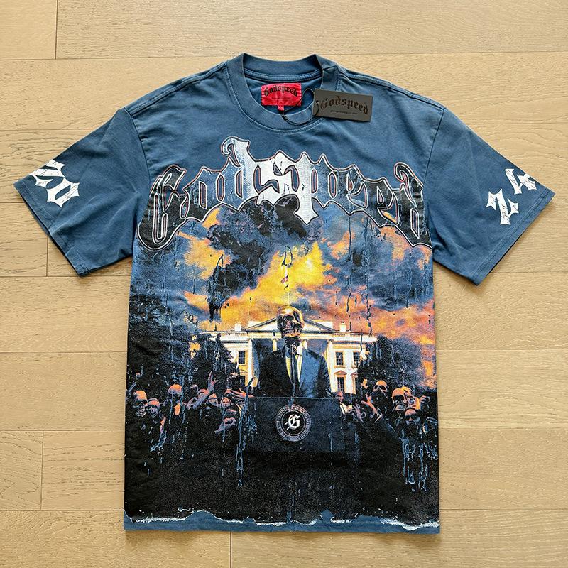 Cross-border trendy brand GS Skull Band Alphabet Printing Washing Water Short Sleeve Loose T-Shirt Men's and Women's High Street Retro Half Sleeve