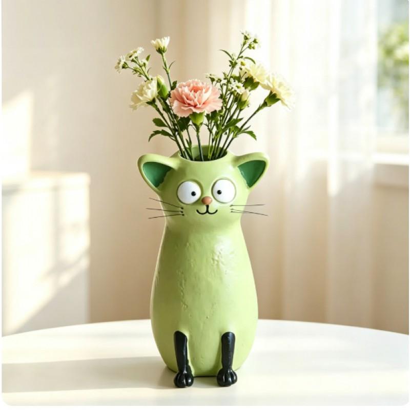 Whimsical Cat Resin Vase Decorative Figurine Home Garden Desk Ornament White Green Yellow