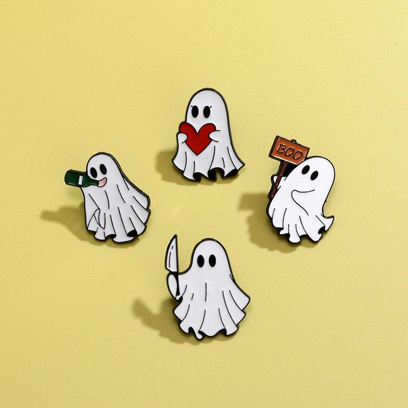 4Styles Halloween Ghost Collection Brooches Cartoon Spooky Hold Knife Heart Drink Design Enamel Pins With Free Shipping