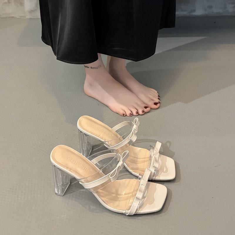 High heels women's summer new square head bow word crystal heel sandals thick heel slippers women