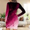 Women Plus Size Round Neck Long Sleeve Red Black Printed Bodycon Mini Dress