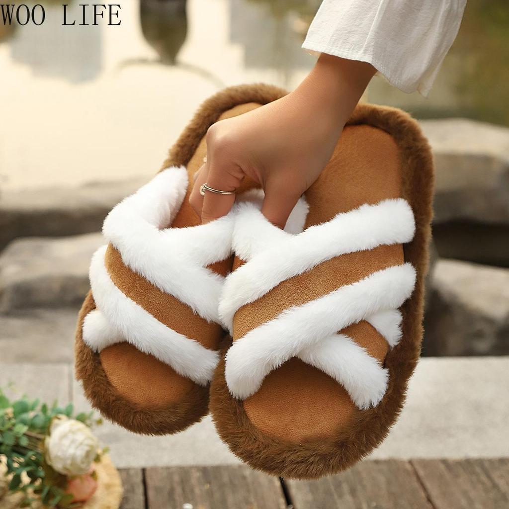 Women Cross Strap Fluffy Slippers Patchwork Platform House Shoes Non-Slip Comfortable Indoor Outdoor