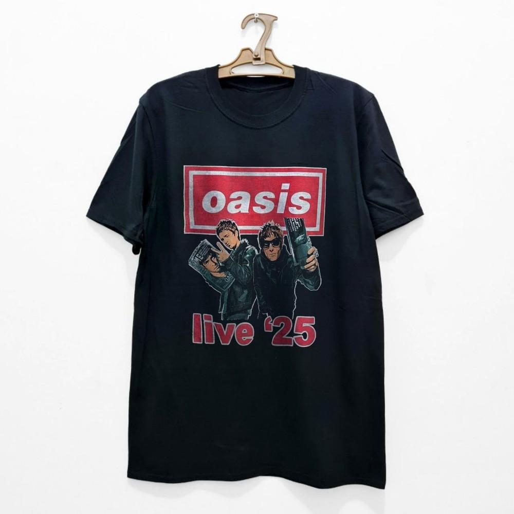 Rare Oasis Liam & Noel Gallagher Live  25 Unisex Black T-shirt, Size S-5XL Unisex T-Shirt S