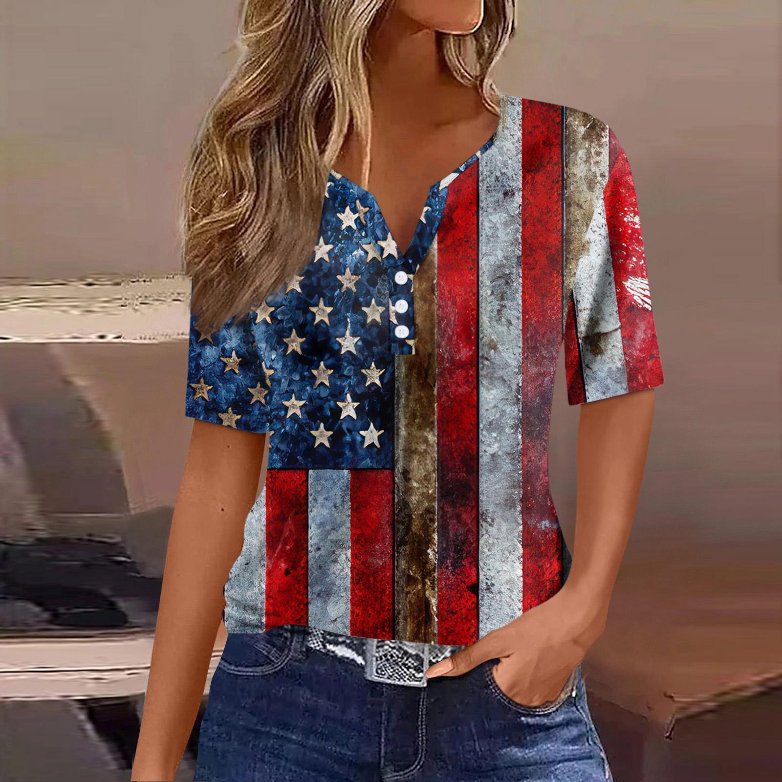 

Женская повседневная футболка с v-образным вырезом и короткими рукавами, украшенная пуговицами, с принтом в честь Дня независимости, топ L