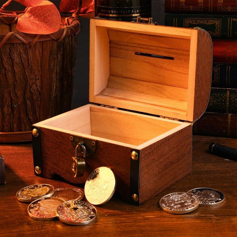 Vintage Treasure Chest Lock Box, Coins and Valuable Items Plastic Storage, Light Brown Bank Items with Locks for Children