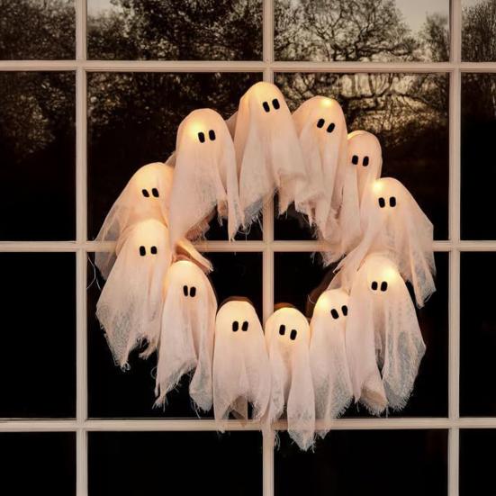 Håndlaget Lysende Spøkelser Krans Halloween Spøkelsesgirland med Lys Batteridrevet LED Lysende Hvit Skummel Girlanddekorasjon