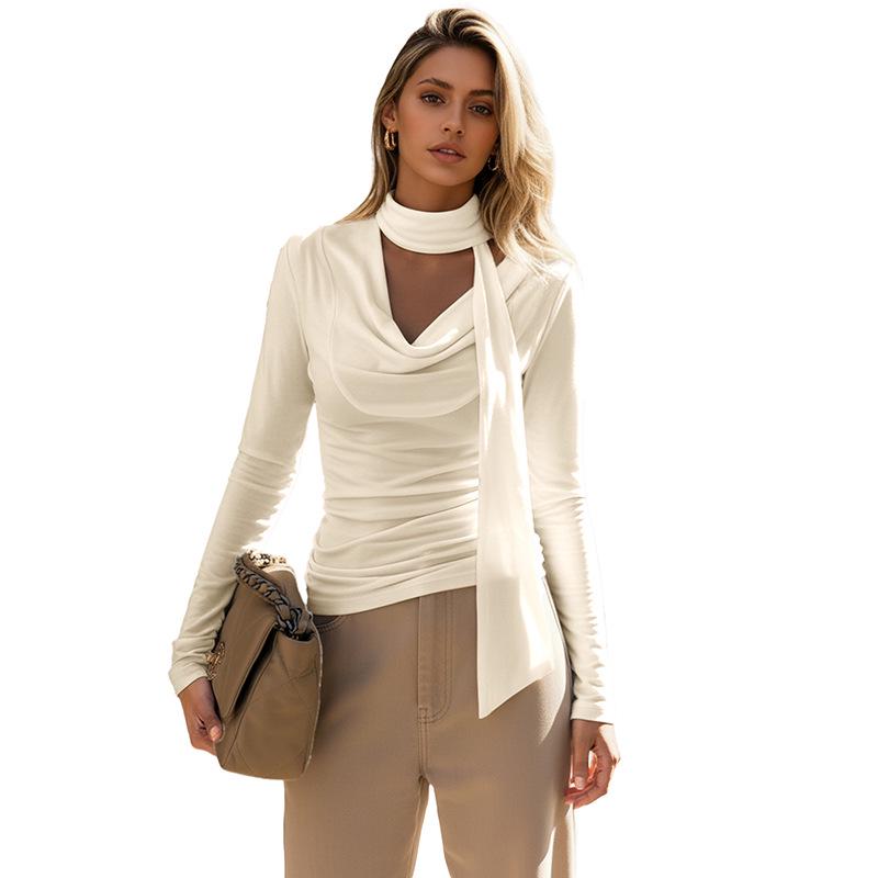 European and American 2025 Spring/Autumn Light Luxury Slim Fit Shirred Neck Tie-up T-shirt