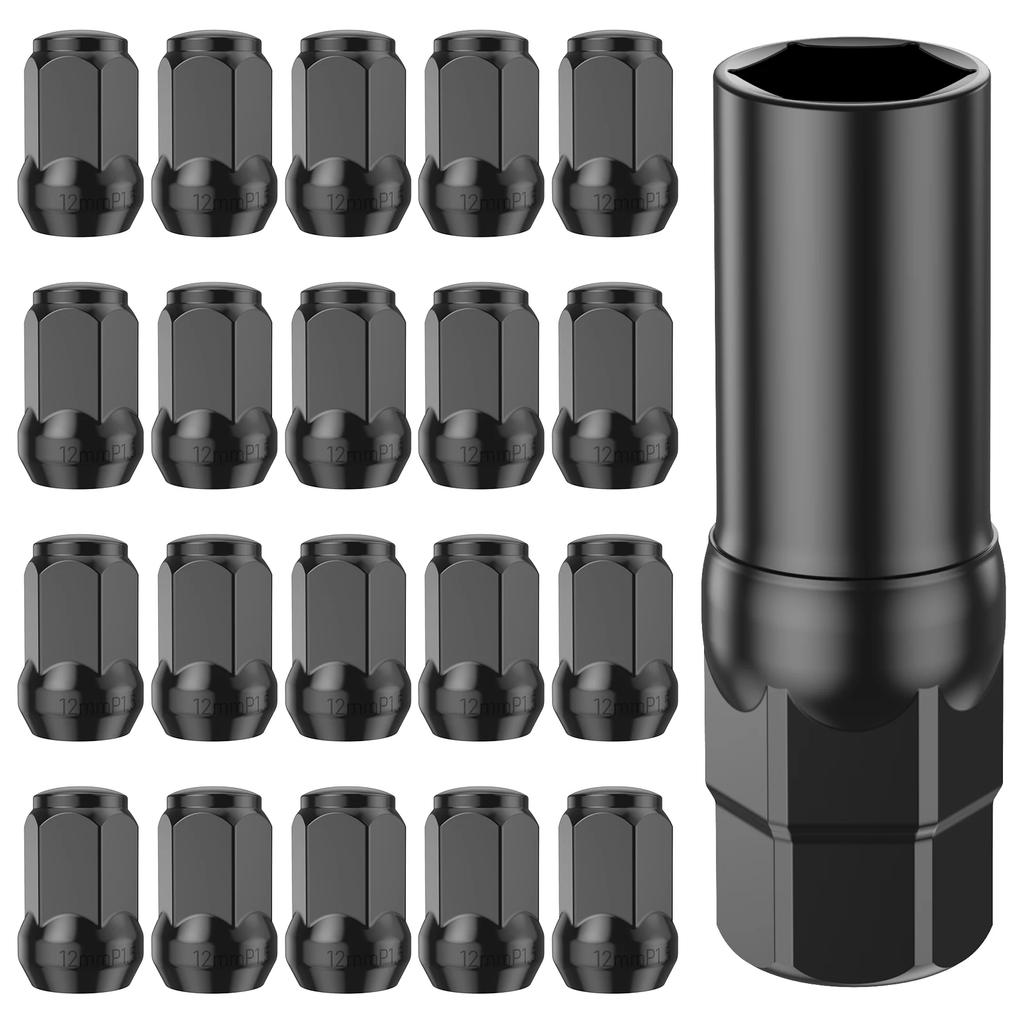 20Pcs Car 12mm Wheel Lug Nut Bolt Cover Steel Black Thread Wheel Lug Nuts Tyre Hub Tire Screw Protection Cap with 1 Socket