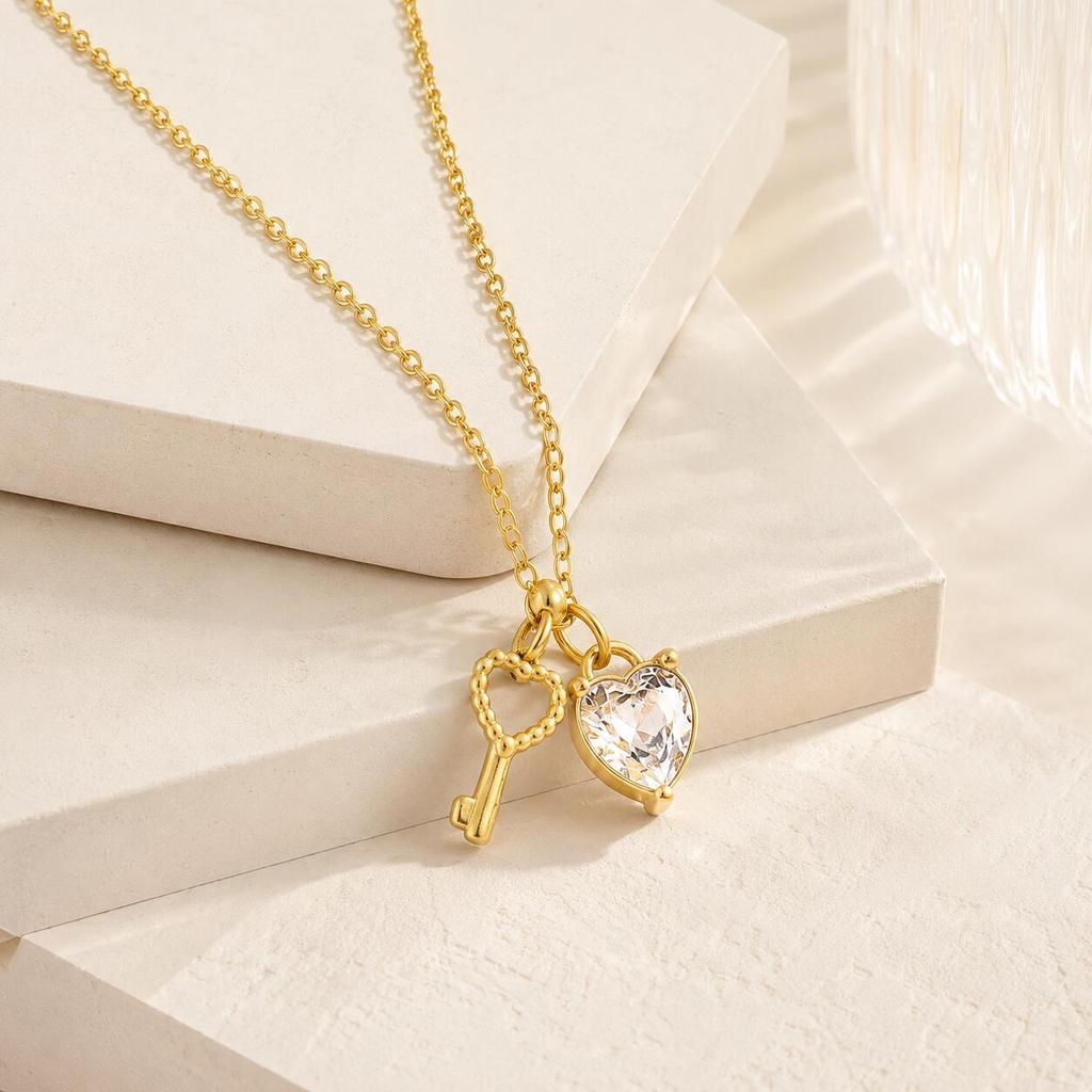 Lock and Key Heart Necklace for Women, Luxury Gold Plated Stainless Steel Zirconia Pendant, Valentine Gift