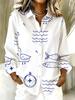 Plus size women's long-sleeved shirt ocean style printed loose printed shirt seagull shell style mid-length long sleeve lapel shirt for women