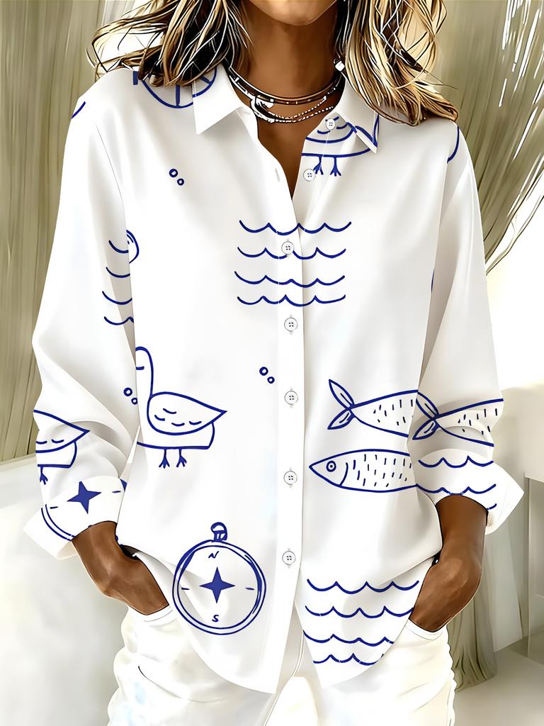 Plus size women's long-sleeved shirt ocean style printed loose printed shirt seagull shell style mid-length long sleeve lapel shirt for women