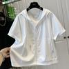 Large Size Solid Color Hooded Cotton Short-sleeved T-shirt Women's Loose Versatile Zipper Cardigan Jacket Pure White Loose Dropped Shoulder